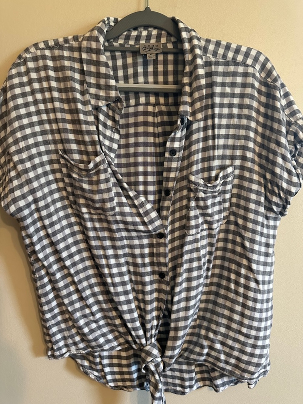 Como Vintage Gray and White Gingham Tie-Front Button Shirt
